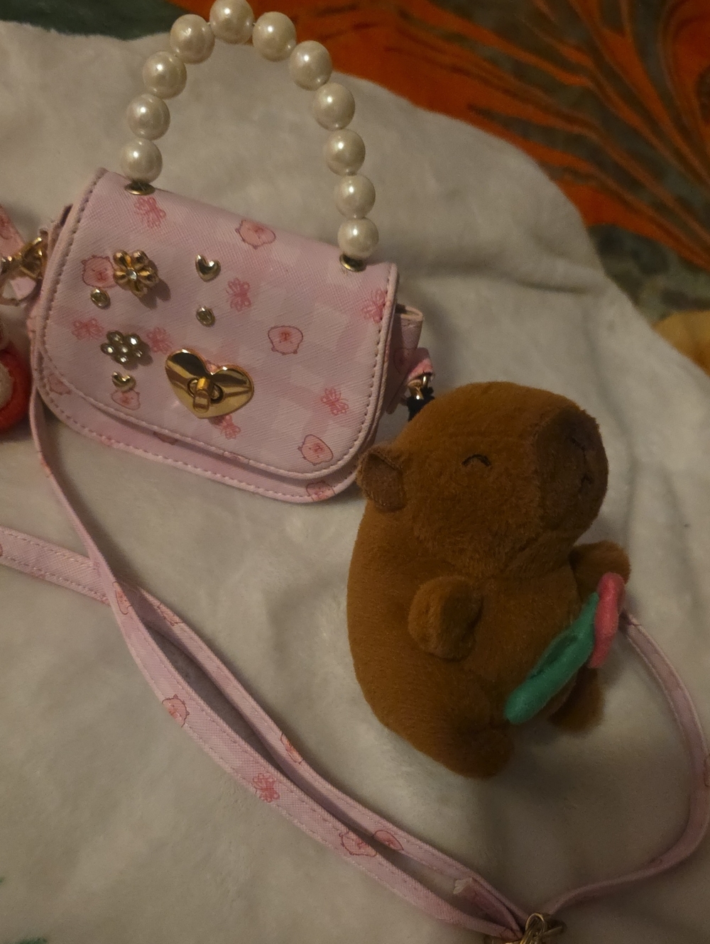 Rainbow Pink Pearl-Handle Kids Crossbody Purse with Plush Charm
